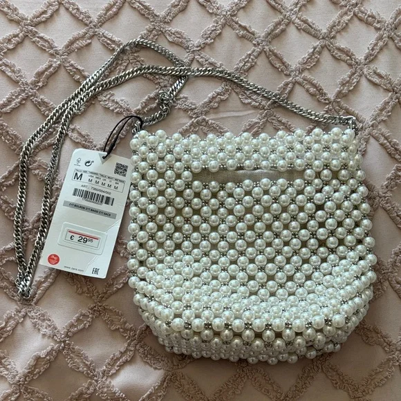 Zara Pearl-Embellished Shoulder Bag with Silver Chain - Picture 1 of 3